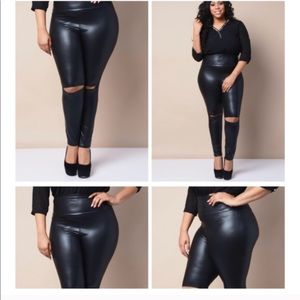 Burgundy or black slit knee faux leather leggings